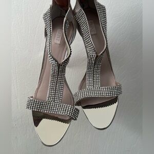✨ GLINT Rhinestone T-Strap Stiletto Heels Silver Satin – Size 8.5M